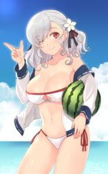  bare_shoulders bikini blue_sky breasts cleavage closed_mouth collarbone day female flower food fruit girls&#039;_frontline grey_hair hair_flower hair_ornament hair_ribbon hand_up highres holding holding_food large_breasts long_hair looking_at_viewer navel ocean official_alternate_costume one_eye_closed outdoors red_eyes ribbon side-tie_bikini_bottom sky smile solo spas-12_(girls&#039;_frontline) spas-12_(midsummer_fruit)_(girls&#039;_frontline) standing swimsuit watermelon white_bikini yu_416416 