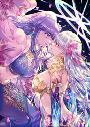  2girls armlet armor ass back bikini_armor blue_shirt blue_skin blue_skirt body_markings breasts circlet collar colored_skin commentary cropped_shirt earrings english_commentary fate/grand_order fate_(series) floral_print gradient_skin hair_ribbon halo highres indian_clothes japanese_clothes jewelry kama_(beast_iii/l)_(fate) kama_(fate) kasuga_no_tsubone_(fate) kimono large_breasts long_hair long_skirt looking_to_the_side matou_sakura metal_collar midriff mixed-language_commentary multiple_girls navel necklace open_clothes open_kimono parted_lips parvati_(fate) petals pink_kimono pink_ribbon purple_eyes purple_hair red_eyes ribbon sagta_panggang shirt short_sleeves skirt white_hair 