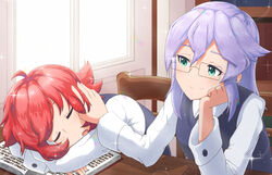  2girls aged_down blush classroom closed_eyes couple croix_meridies desk glasses green_eyes hand_on_another&#039;s_cheek hand_on_another&#039;s_face happy little_witch_academia looking_at_another luna_nova_school_uniform multiple_girls purple_hair red_hair school_uniform shiny_chariot short_hair sleeping smile sunlight uniform wagaha window yuri 