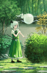  adapted_costume architecture ascot bamboo bamboo_forest black_ascot black_eyes black_footwear black_hairband black_ribbon blush closed_mouth commentary day east_asian_architecture female fjsmu forest frilled_skirt frills full_body grass green_skirt green_vest hairband hedge hedge_clippers highres impressionism konpaku_youmu konpaku_youmu_(ghost) long_skirt looking_to_the_side nature outdoors pantyhose petticoat puffy_short_sleeves puffy_sleeves ribbon rolling_sleeves_up shirt short_hair short_sleeves skirt skirt_set smile solo standing stepping_stones swept_bangs touhou tree v-shaped_eyebrows vest wall white_hair white_pantyhose white_shirt 