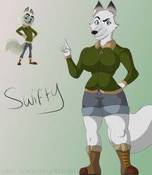  absurd_res anthro arctic_dogs arctic_fox boots bottomwear breasts canid canine clothing digital_media_(artwork) eyelashes female footwear fox fur green_eyes hi_res jacket klr-rio looking_at_viewer mammal rule_63 shorts solo swifty_(arctic_dogs) topwear true_fox 