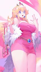  absurdres alternate_breast_size alternate_costume artist_name bag bare_shoulders belt blonde_hair blue_eyes blue_gemstone breasts cleavage commentary cowboy_shot dated dress earrings female fur_(clothing) gem hair_flaps handbag hands_up happy highres jewelry large_breasts legs_together long_hair looking_at_viewer mario_(series) nail_polish off_shoulder open_mouth pink_dress pink_nails pink_theme princess_peach red_gemstone sepo_(mito609) short_dress sidelocks signature smile solo standing strapless strapless_dress symbol-only_commentary teeth thighs tiara yellow_headwear 