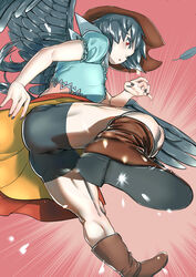  ass bike_shorts black_hair black_wings boots breasts commentary_request cowboy_hat feathers female hat highres incoming_kick kicking kurokoma_saki long_hair looking_at_viewer looking_back medium_breasts motion_blur muscular muscular_female nail_polish nekobatake ponytail pov puffy_short_sleeves puffy_sleeves red_eyes scarf short_sleeves solo speed_lines touhou wings 