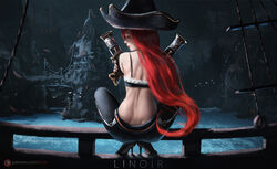  antique_firearm artist_name bikini bikini_top_only bird blunderbuss bridge cloud cloudy_sky crossed_arms dark_clouds dimples_of_venus dual_wielding eyelashes female filigree finger_on_trigger from_behind gold_trim green_eyes gun handgun hat high_heels highres holding holding_gun holding_weapon league_of_legends linoir lips lipstick long_hair looking_back makeup mast miss_fortune_(league_of_legends) moonlight night no_shirt on_railing outdoors patreon_logo patreon_username pirate_hat power_lines railing red_hair seagull ship ship_deck sky smile solo squatting swimsuit very_long_hair water watercraft watermark weapon web_address 