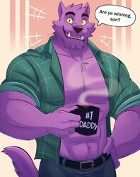  abs anthro are_ya_winning_son? bernard_(ok_k.o.!_lbh) canid canine canis cartoon_network clothed clothing daddy_mug fur male male_anthro mammal meme muscular muscular_anthro muscular_male mythological_canine mythological_creature mythology ok_k.o.!_let&#039;s_be_heroes pecs purple_body purple_fur shirt solo text_on_mug thediyemi topwear were werecanid werecanine werewolf wolf 