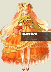  absurdres blonde_hair bouquet dress female flower frills fukagawa_kazumi full_body gloves hair_flower hair_ornament hair_ribbon highres light_green_hair long_hair multicolored_hair nikaidou_saki orange_dress orange_eyes orange_hair orange_theme red_flower red_rose ribbon rose see-through simple_background solo standing streaked_hair sunflower sunflower_hair_ornament very_long_hair wedding_dress zombie_land_saga 