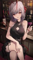  :d alcohol antenna_hair arknights arm_strap bar_(place) bare_shoulders black_dress bottle bracelet breasts cleavage cleavage_cutout clothing_cutout commentary crossed_legs cup demon_girl demon_horns demon_tail dress drinking_glass english_commentary english_text feet_out_of_frame female grey_hair highres holding holding_cup horns indoors jewelry large_breasts looking_at_viewer multicolored_hair nail_polish open_mouth red_eyes red_hair red_nails revision short_hair sitting sleeveless sleeveless_dress smile solo stratoz tail thigh_strap two-tone_hair w_(arknights) wine wine_bottle wine_glass 