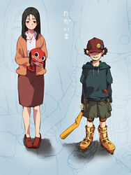  1boy badge baseball_bat baseball_cap black_eyes black_hair brown_footwear brown_skirt button_badge facing_viewer female grey_background hat hat_ornament holding holding_stuffed_toy hood hood_down hoodie inline_skates kazahi_tsubame maromi mousou_dairinin red_headwear roller_skates sagi_tsukiko shirt shorts shounen_bat skates skirt standing stuffed_animal stuffed_dog stuffed_toy white_shirt yellow_footwear zoom_layer 