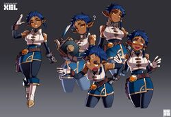  ? absurdres belt_buckle blue_hair blush book boots buckle character_name dark-skinned_female dark_skin detached_sleeves embarrassed facial_tattoo female highres holding holding_quill miniskirt orange_eyes original pants pointy_ears quill short_hair skirt tattoo ueko_(ueko_t) 