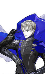  1boy bad_id bad_pixiv_id bird blue_eyes cape commentary_request crow dimitri_alexandre_blaiddyd fire_emblem fire_emblem:_three_houses gloves male_focus monochrome n0ise open_mouth photoshop_(medium) solo sword teeth upper_body weapon white_background 