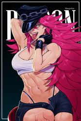  abs arm_behind_head armpits artist_name big_hair black_gloves black_hat black_shorts blue_eyes breasts character_name cleavage crop_top duplicate english_commentary eyeliner female final_fight gloves hat hat_over_one_eye highleg highleg_panties highres linea_alba lips long_hair makeup medium_breasts mole mole_under_eye muscular muscular_female naughty_face navel navel_piercing open_fly panties panty_straps peaked_cap piercing pink_hair poison_(final_fight) sheep_shin shorts solo street_fighter street_fighter_iv_(series) studded_bracelet tank_top teeth tongue tongue_out tongue_piercing underwear very_long_hair white_tank_top 