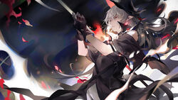  arknights ascot black_cape black_dress black_gloves black_hat cape chinese_commentary commentary_request dress female gladiia_(arknights) gloves grey_hair hat highres impaled long_hair narakuuu pants pointy_ears polearm red_eyes solo spear tearing_up upper_body weapon white_ascot white_pants 