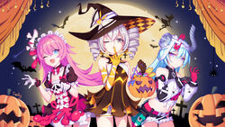  3girls :d artist_name asymmetrical_gloves bare_shoulders bat_(animal) black_gloves blue_eyes blue_hair bronya_zaychik bronya_zaychik_(snowy_sniper) broom broom_riding closed_mouth curtains drill_hair earrings elbow_gloves full_moon gloves graveyard grey_eyes grey_hair hair_between_eyes halloween halloween_costume hat highres homu_(honkai_impact) honkai_(series) honkai_impact_3rd index_finger_raised jewelry liliya_olenyeva long_sleeves looking_at_viewer mismatched_gloves moon multiple_girls night night_sky one_eye_closed open_mouth orange_gloves pink_hair pumpkin rozaliya_olenyeva siblings sky smile thighhighs tree trudog twin_drills twins white_gloves witch witch_hat 