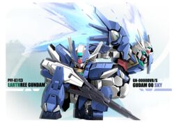  aqua_eyes character_name chibi earthree_gundam energy_wings flying gun gundam gundam_00_sky gundam_build_divers gundam_build_divers_re:rise highres holding holding_gun holding_weapon looking_down mecha no_humans robot science_fiction sibelurabbi v-fin weapon 