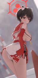  ama_(amastration55) animal_ears ass back bad_id bad_pixiv_id bare_shoulders black_gloves black_hair blue_archive blurry blush breasts elbow_gloves female from_behind gloves hair_between_eyes halo highres large_breasts looking_at_viewer looking_back panties pleated_skirt red_gloves red_halo red_sailor_collar red_skirt sailor_collar school_uniform serafuku short_hair sideboob skirt solo standing thighs tsubaki_(blue_archive) underwear v white_panties 