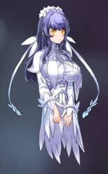  absurdres artpatient blue_hair blush breasts dress female highres huge_breasts impossible_clothes impossible_dress last_origin long_hair looking_at_viewer maid_headdress snow_feather_(last_origin) solo white_dress yellow_eyes 