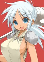  armor azell_azrina_azerandi blue_eyes blue_hair breasts commentary_request dark-skinned_female dark_skin facial_mark female forehead_mark large_breasts long_hair looking_at_viewer muramasa_mikado open_mouth ponytail shoulder_armor simple_background smile solo uchuu_eiyuu_monogatari weapon 