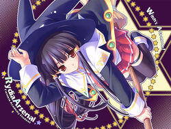  black_hair broom female hair_tubes hat highres long_hair majokko_a_la_mode red_eyes rydia_arsenal school_uniform solo thighhighs witch witch_hat 