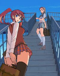  2girls arms_behind_back bag black_legwear blue_eyes blue_skirt blue_sky breasts brown_bag brown_footwear closed_mouth day hairband hand_up jaggy_lines kneehighs kusanagi_tonbo light_brown_hair loafers long_hair long_sleeves looking_at_viewer looking_back medium_breasts miniskirt multiple_girls oekaki orange_sweater_vest original outdoors pedestrian_bridge plaid plaid_skirt pleated_skirt ponytail railing red_hair red_hairband red_skirt school_bag school_uniform serafuku shirt shoes short_sleeves skirt sky socks source_request stairs sweater_vest thighhighs white_legwear white_shirt zettai_ryouiki 