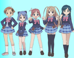  5girls amamiya_manami aqua_background artist_request bow etou_mei gakuen_utopia_manabi_straight! inamori_mika massugu_go miniskirt multiple_girls odori_momoha official_art pink_bow plaid plaid_skirt school_uniform seiou_gakuen_school_uniform skirt thighhighs uehara_mutsuki zettai_ryouiki 