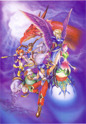  1990s_(style) 2boys 3girls absurdres angel_wings blonde_hair blue_eyes blue_hair boots bow_(breath_of_fire) breasts breath_of_fire breath_of_fire_ii dragon dress ekaru_hoppe_de_pe_tapeta feathered_wings green_eyes highres legs long_legs medium_breasts multiple_boys multiple_girls nina_(breath_of_fire_ii) official_art photoshop_(medium) rand_marks red_hair retro_artstyle rinpoo_chuan ryuu_(breath_of_fire_ii) side_slit spar sten_legacy sword tail thighs weapon wings yoshikawa_tatsuya 