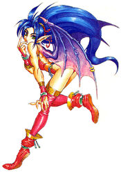  1990s_(style) blue_hair boots breath_of_fire breath_of_fire_ii dragon_girl dragon_wings female full_body green_eyes leotard long_hair official_art patty_the_phantom_thief photoshop_(medium) pointy_ears red_footwear red_leotard retro_artstyle simple_background solo thighhighs thighs white_background wings yoshikawa_tatsuya 