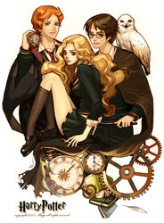  2boys alternate_hair_color animal animal_on_shoulder animification bird bird_on_shoulder blonde_hair book brown_hair clock feathers female glasses green_eyes harry_potter harry_potter_(series) hedwig hermione_granger kneehighs long_hair maggi mouse_(animal) multiple_boys orange_hair owl photoshop_(medium) ron_weasley scabbers scar scar_on_face scar_on_forehead school_uniform socks wand wizarding_world 