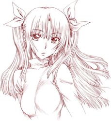  breasts eyebrows fate/stay_night fate_(series) female hair_ribbon hanzaki_jirou large_breasts long_hair long_sleeves looking_at_viewer monochrome parted_bangs photoshop_(medium) red_theme ribbon simple_background sketch solo tohsaka_rin twintails upper_body white_background 