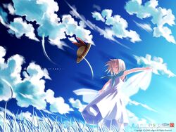  2002 backlighting bare_arms blue_sky closed_eyes closed_mouth cloud copyright_name dress female from_below grass hat hat_loss hat_ribbon outdoors outstretched_arms ribbon shawl sky smile solo spread_arms standing straw_hat tsukishiro_hikari unworn_hat unworn_headwear white_dress wind wind_a_breath_of_heart yuuki_tatsuya 