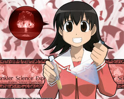  artist_request azumanga_daiou black_hair bonklers brown_eyes female flask grin holding holding_flask holding_test_tube long_sleeves looking_at_viewer mushroom_cloud neck_ribbon red_ribbon ribbon sailor_collar science smile solo speech_bubble takino_tomo teeth test_tube white_sailor_collar 