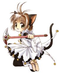  animal_ears brown_hair cardcaptor_sakura cat_ears female fuuin_no_tsue green_eyes kinomoto_sakura magical_girl maid open_mouth pantyhose simple_background solo takano_hayato wand white_background 