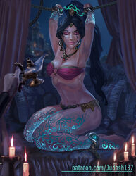  1girls aladdin arabian arabian_clothes armpits arms_up bare_arms bare_shoulders black_hair bondage bracelet breasts cleavage clothing collar dark-skinned_female dark_skin disney disney_princess earrings enslaved_royal fantasy female female_focus female_only harem_outfit harem_pants jewelry judash137 lightning long_hair midriff navel necklace painting painting_(artwork) pants ponytail princess princess_jasmine royalty see-through sex_slave slave solo teen teenager tiara very_long_hair young 