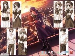  2boys 6+girls backlighting black_dress blush cityscape dress dutch_angle fujimiya_nozomi fujimiya_wakaba full_body long_hair long_sleeves looking_at_viewer monochrome multiple_boys multiple_girls narukaze_minamo okano_hinata okano_makoto outdoors purple_hair school_uniform shikouin_kasumi smile standing sunlight sunset tachibana_tsutomu tsukishiro_hikari wind_a_breath_of_heart yuuki_tatsuya 