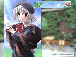  beret female hat red_eyes school_uniform shawl solo tsukishiro_hikari white_hair wind_a_breath_of_heart yuuki_tatsuya 