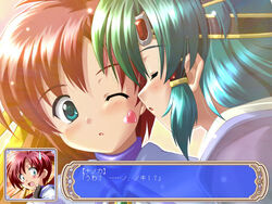  2girls aoi_sora_no_neosphere game_cg hair_tubes kissing komatsu_eiji multiple_girls nanoca_flanka noki_welkin 