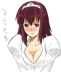  blue_eyes blush breasts breasts_squeezed_together character_name cleavage collarbone earrings female gem henrietta_de_tristain jewelry juliet_sleeves large_breasts long_sleeves looking_at_viewer nose_blush photoshop_(medium) puffy_sleeves red_hair shirt short_hair solo tiara toshibou_(satsukisou) upper_body white_shirt zero_no_tsukaima 