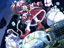  aoi_sora_no_neosphere christmas female game_cg gift holding holding_gift jpeg_artifacts komatsu_eiji mecha nanoca_flanka pantyhose robot sack santa_costume stuka tenzan white_legwear 