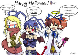  1boy 2girls cosplay costume_switch digiko disgaea english_text etna_(disgaea) etna_(disgaea)_(cosplay) flonne flonne_(cosplay) halloween happy_halloween laharl laharl_(cosplay) makai_senki_disgaea multiple_girls tail thighhighs white_background 