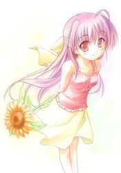  ahoge brown_eyes female flower half_updo hinata_natsumi_(sharin_no_kuni) long_hair photoshop_(medium) purple_hair sharin_no_kuni_himawari_no_shoujo skirt solo sunflower takoyaki_(roast) 