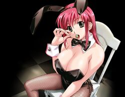  animal_ears boin bow bowtie breasts cleavage duplicate eating fake_animal_ears female fishnet_pantyhose fishnets happoubi_jin huge_breasts iihara_nao jpeg_artifacts olive pantyhose playboy_bunny rabbit_ears sexually_suggestive sitting solo 