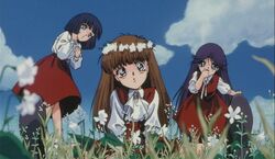  1980s_(style) 3girls anime_screenshot atropos_(five_star_stories) clotho_(five_star_stories) crown fatima_(five_star_stories) five_star_stories head_wreath lachesis_(five_star_stories) multiple_girls outdoors retro_artstyle 