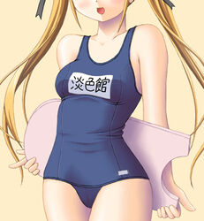  blonde_hair blush breasts female head_out_of_frame kurushima_awa long_hair lowres medium_breasts name_tag one-piece_swimsuit school_swimsuit shibugaki_matsuri solo swimsuit tsuki_wa_higashi_ni_hi_wa_nishi_ni twintails 