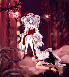  2girls apron ascot bare_legs bat_wings blue_eyes blue_hair blush bow chains curiosities_of_lotus_asia frills full_body grey_hair hand_on_another&#039;s_head hand_on_another&#039;s_leg hat high_heels izayoi_sakuya lantern maid maid_apron maid_headdress mary_janes multiple_girls pantyhose photoshop_(medium) puffy_short_sleeves puffy_sleeves red_eyes red_footwear remilia_scarlet ringo_apple sconce shoes short_hair short_sleeves sitting throne touhou waist_apron white_legwear wings yuri 