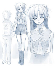  blue_theme blush bow female hairbow long_hair mamoru-kun_ni_megami_no_shukufuku_wo! monochrome open_mouth puyo_(puyotopia) school_uniform sketch skirt socks sweatdrop takasu_ayako 