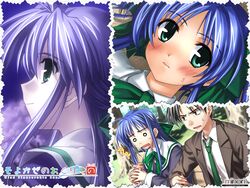  1boy ahoge blue_hair female green_eyes narukaze_minamo okano_makoto school_uniform twintails wind_a_breath_of_heart yuuki_tatsuya 