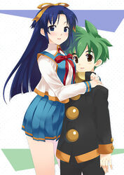  1boy blue_eyes blue_hair female green_hair long_hair mamoru-kun_ni_megami_no_shukufuku_wo! mizuki_makoto photoshop_(medium) ribbon school_uniform takasu_ayako yoshimura_mamoru 