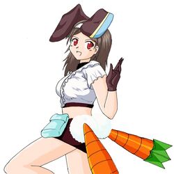  animal_ears breasts brown_hair carrot densha_otoko female getsumento_heiki_miina gloves long_hair medium_breasts miniskirt rabbit_ears red_eyes simple_background skirt solo tin_tin_banchou tsukishiro_mina 