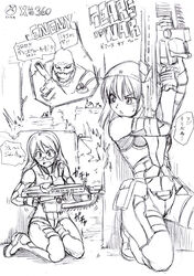  2girls bandana chainsaw death_flag gears_of_war glasses greyscale gun kurose_kousuke lancer_(gears_of_war) monochrome multiple_girls pouch sketch translated weapon 