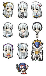  2girls ar_tonelico ar_tonelico_i armor bow braid buruma chibi dress full_body gym_uniform hair_ornament hairbow hat helmet japanese_clothes kimono long_hair meimei_(ar_tonelico) mizuna_(water_emp-tei) multiple_girls official_alternate_costume one-piece_swimsuit school_swimsuit school_uniform shurelia_(ar_tonelico) standing swimsuit twin_braids wedding_dress white_hair yukata 