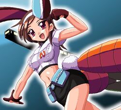  animal_ears breasts brown_hair carrot densha_otoko dragon_(artist) female getsumento_heiki_miina gloves jaggy_lines jpeg_artifacts midriff miniskirt oekaki pencil_skirt rabbit_ears red_eyes salute short_hair skirt small_breasts solo tsukishiro_mina 